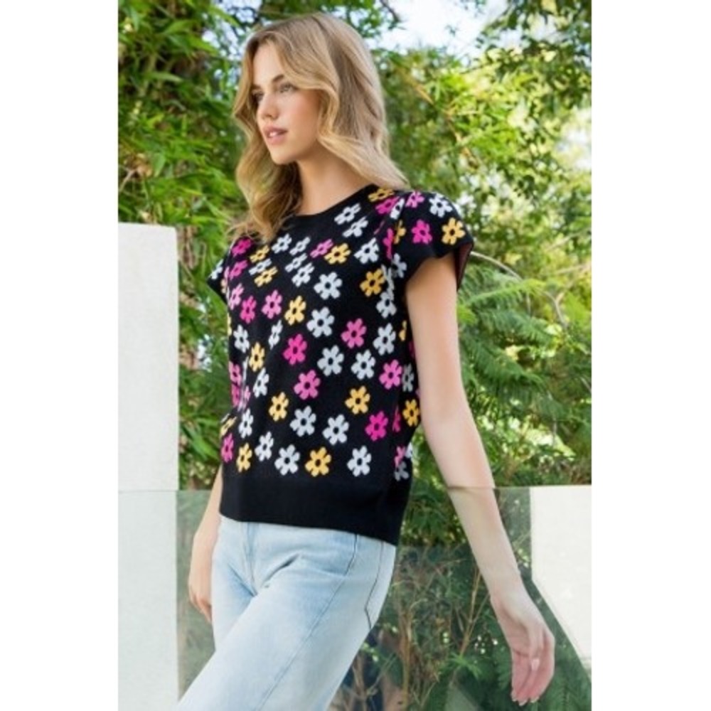 THML Womens Black Floral Intarsia Knit Cap Sleeve Sweater Top TMK1889-1-BK Small